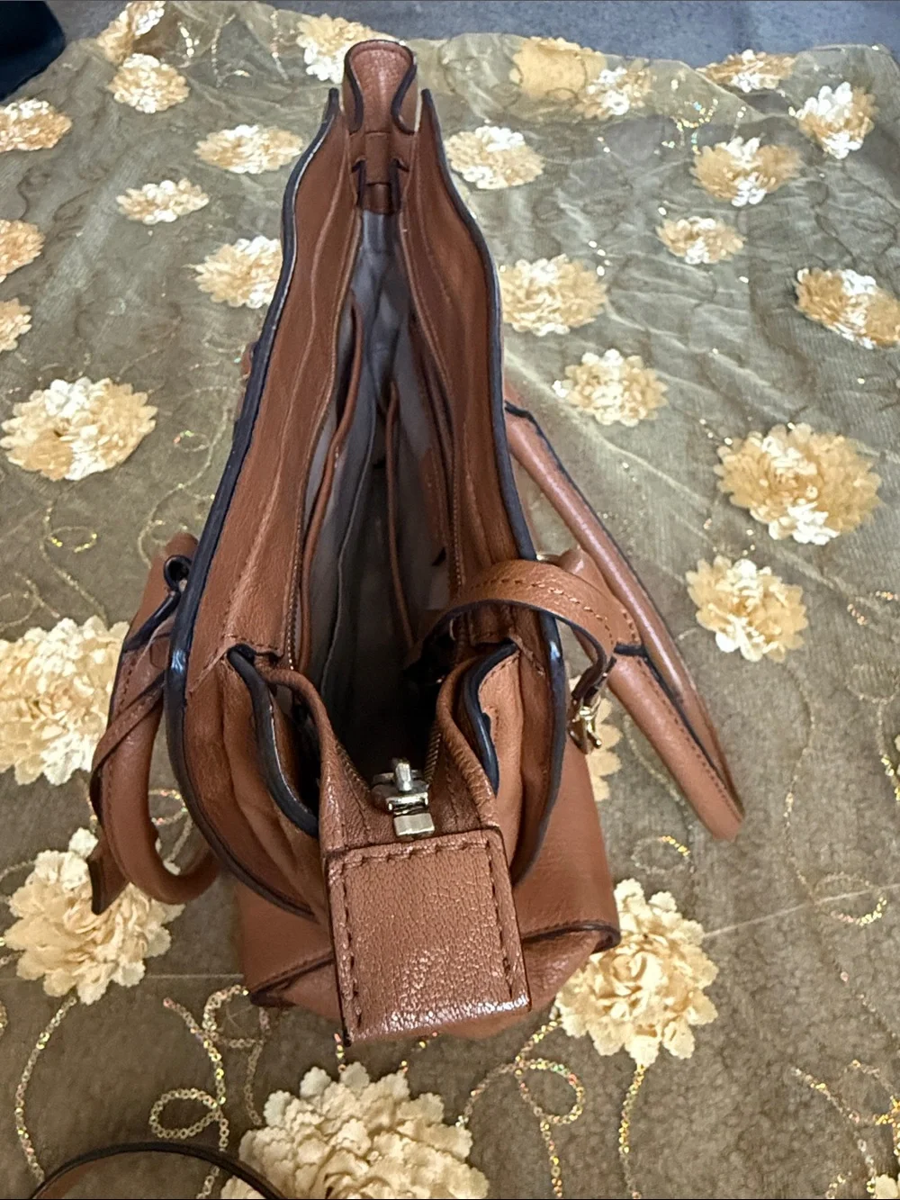 Michael Kors Cognac Pebbled Leather Satchel with Gold MK Lock
